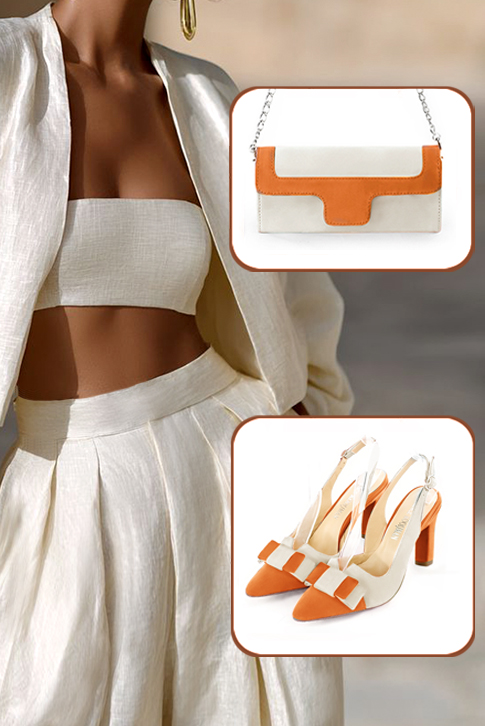 Women's apricot orange and off white elegant slingback heels, with a bow on the front. Tapered toe. High kitten heels - Worn view